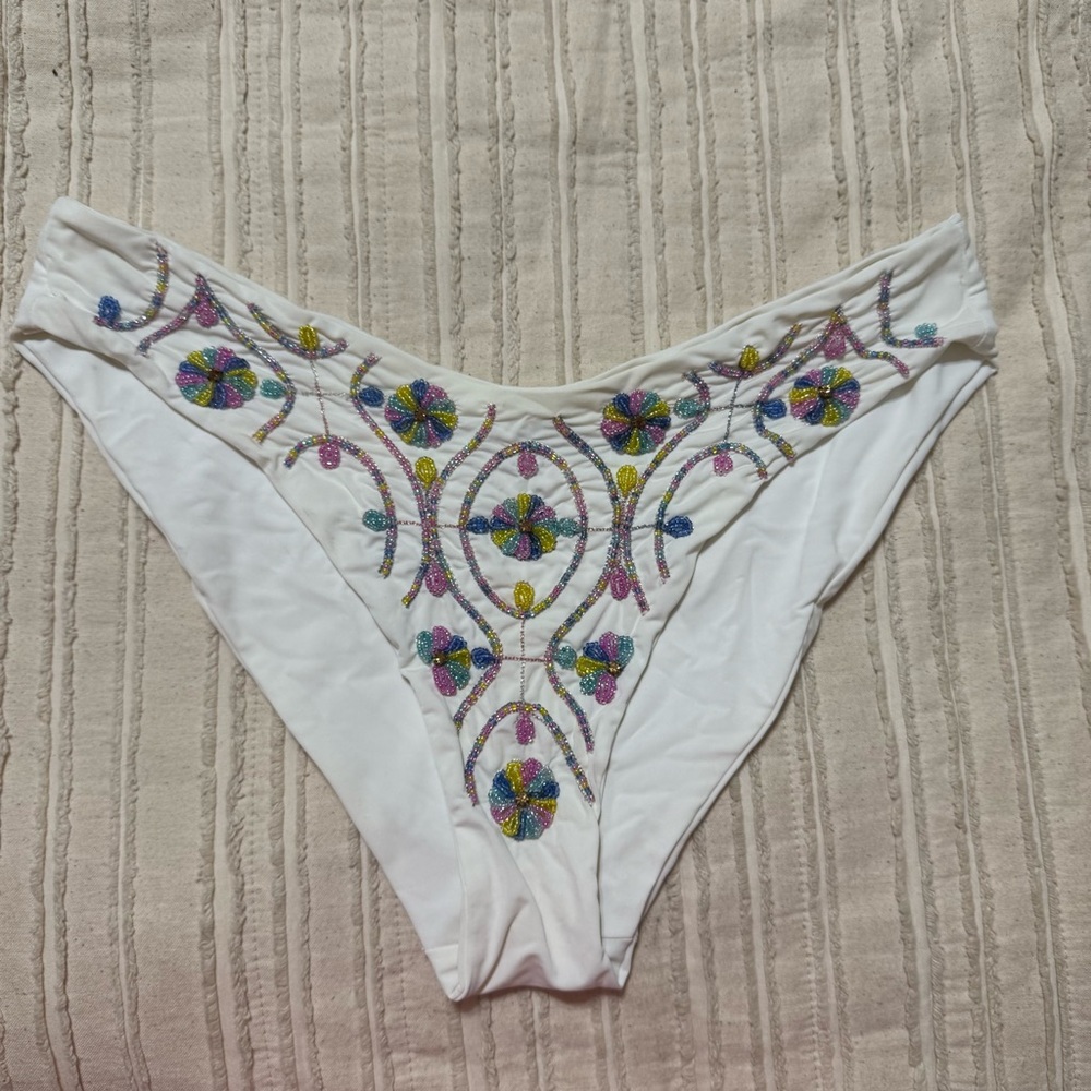 Oceanus White Bikini Bottom with Multicolor Beaded Embellishment